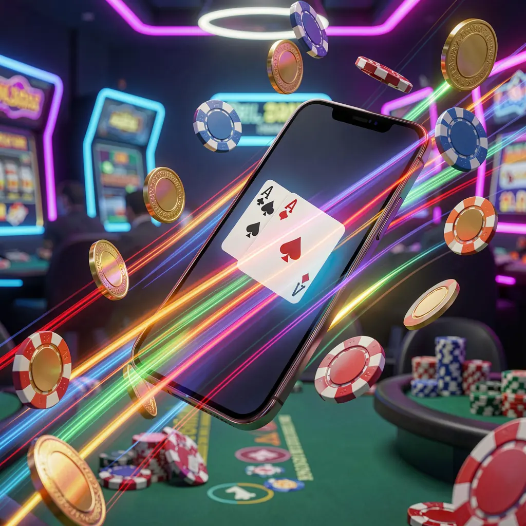 KL 234 fast casino app access visual featuring a smartphone with speed light trails, coins and chips flying around against a modern neon casino background in a dynamic 3D render