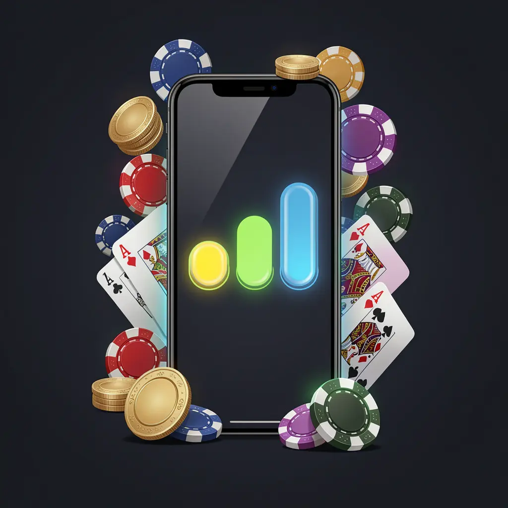 Smartphone displaying KL 234 casino app installation with glowing progress bar, surrounded by coins, chips, and playing cards on a dark background