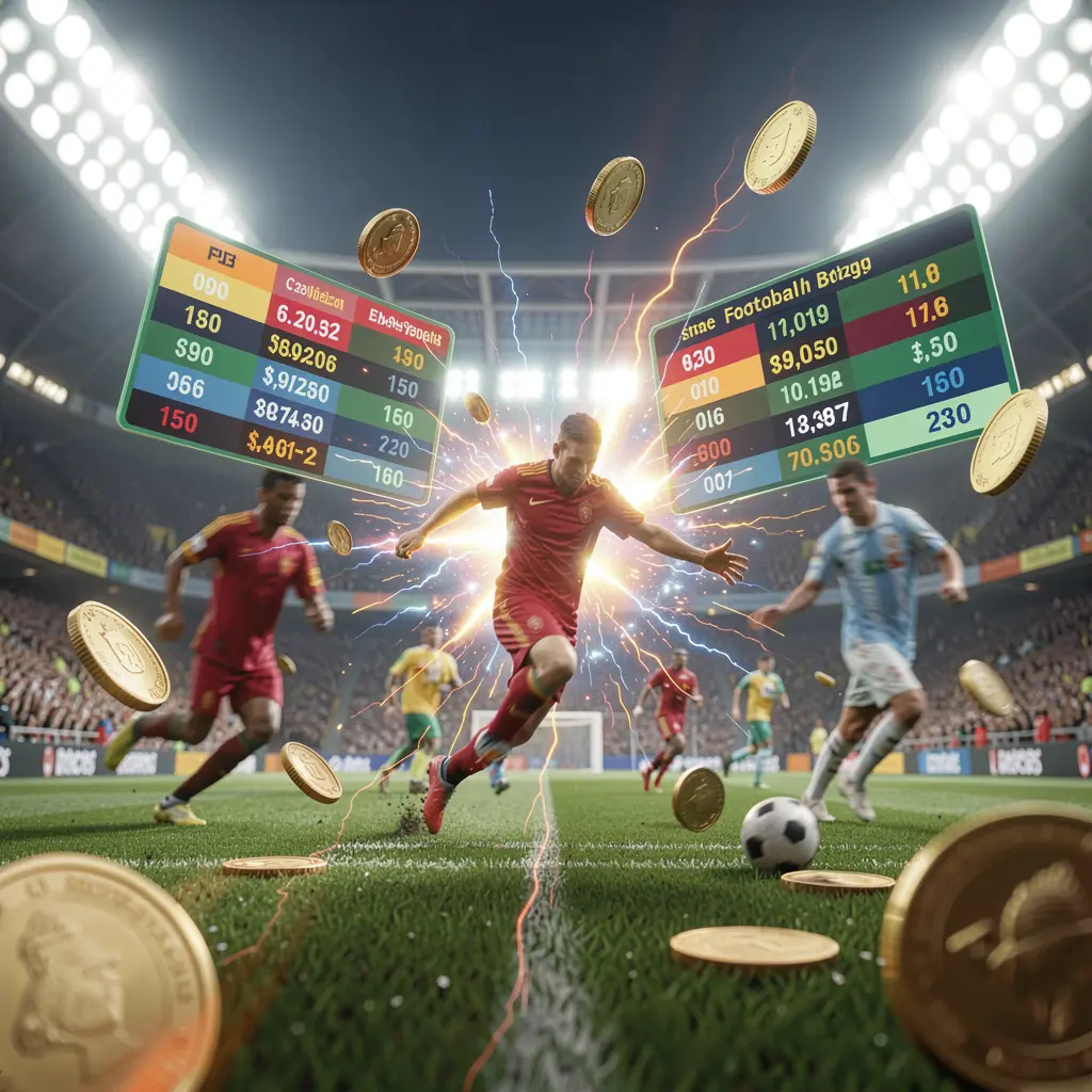 KL 234 live football betting scene showing a brightly lit soccer stadium with blurred players in action, floating odds panels, coins, and dynamic energy effects in a premium cinematic render