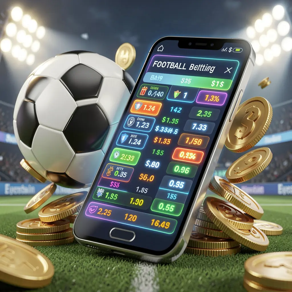 KL 234 modern football betting visual with smartphone displaying glowing sports odds interface, soccer ball, golden coins, and stadium lights in a premium 3D illustration