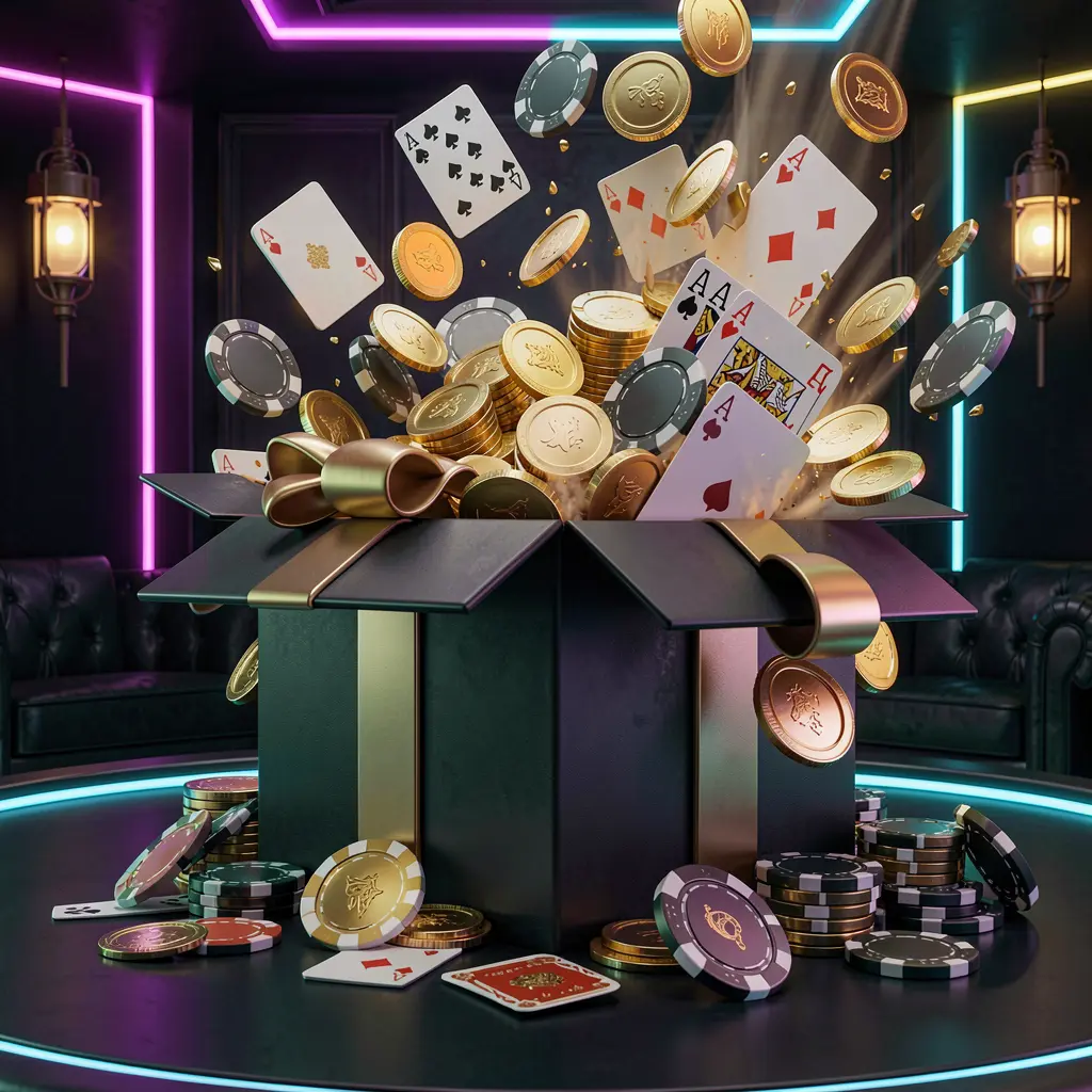 KL 234 online casino bonus gift box exploding with golden coins, poker chips, and playing cards against a dark luxury background with glowing neon accents