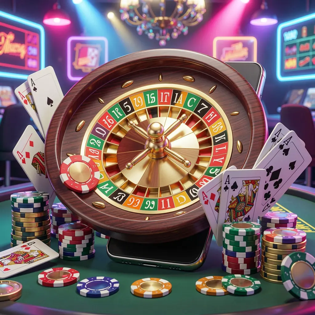 KL 234 mobile casino experience showing a smartphone surrounded by a roulette wheel, chips, cards, and coins in a bright neon casino atmosphere
