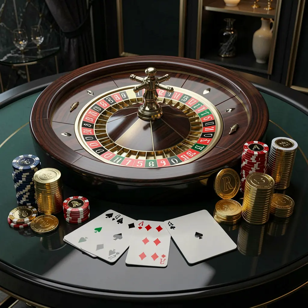 KL 234 modern online casino scene featuring a roulette wheel, playing cards, poker chips, and golden coins on a glossy table with a dark luxury background in a realistic 3D illustration
