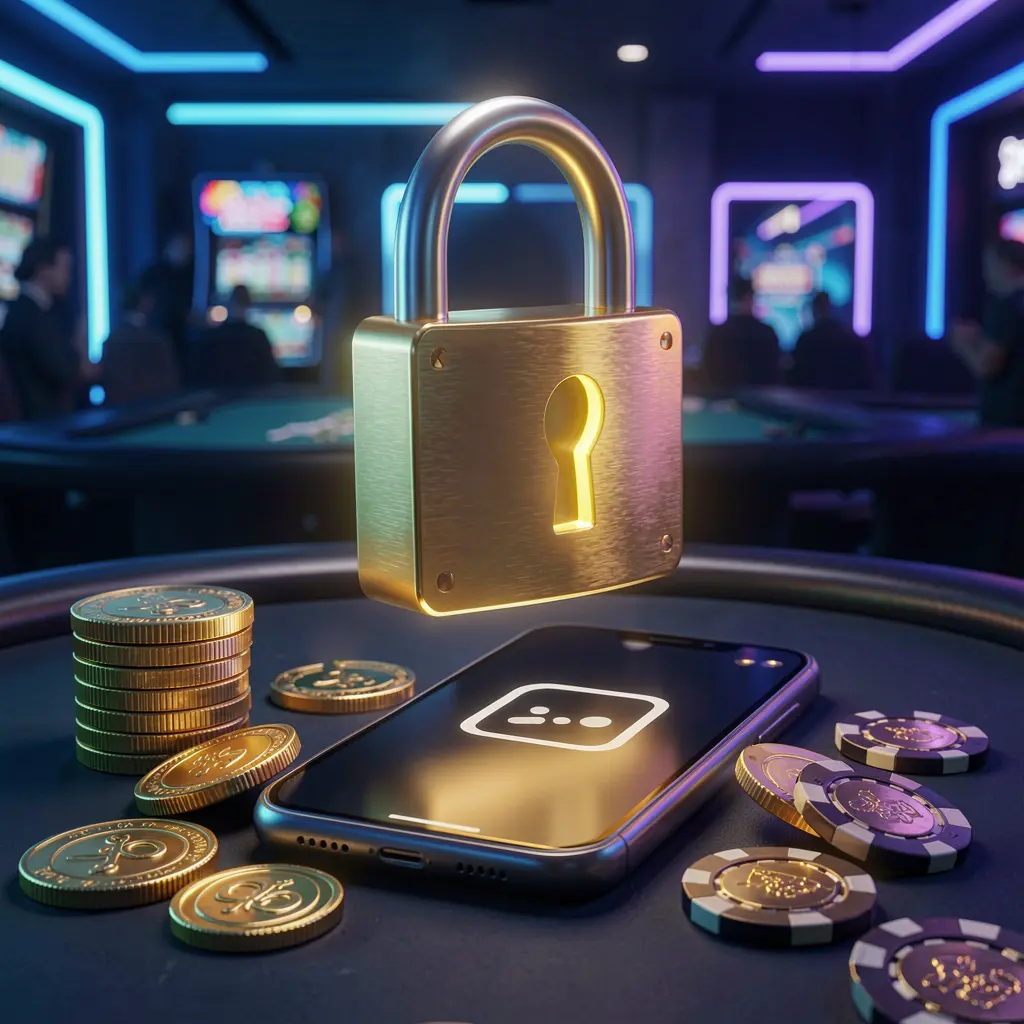 KL 234 casino login security image showing a glowing padlock floating above a smartphone with golden coins and chips scattered around against a dark blue neon background