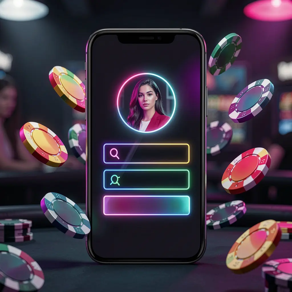 KL 234 mobile casino login screen on a phone with abstract user profile and password fields, neon glow, chips and coins flying around in a dark premium casino atmosphere