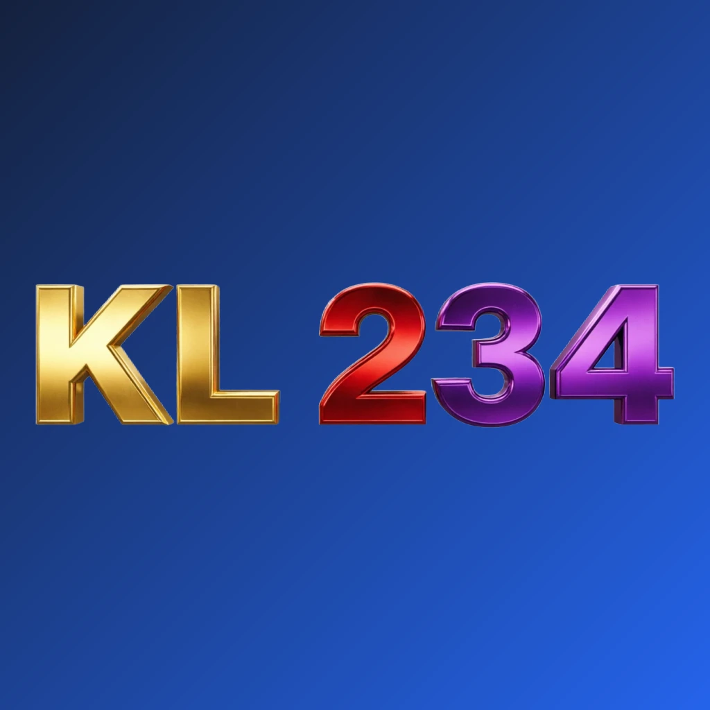 Bright premium KL 234 logo featuring thick uppercase typography in vivid gold, red, and purple colors with a polished metallic finish on a transparent background, designed as a wide horizontal rectangular wordmark for website headers