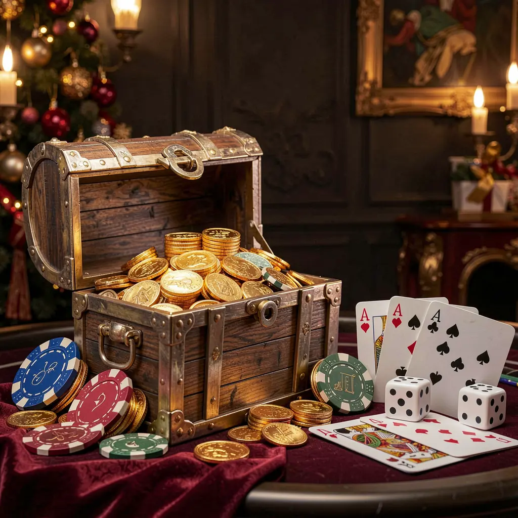 KL 234 online casino welcome banner featuring a treasure chest filled with golden coins and casino chips, playing cards and dice nearby against a dark luxury background with a festive premium atmosphere